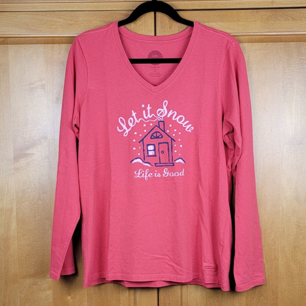 Life is Good Red Crusher Classic Fit Let it Snow V-Neck Long Sleeve Tee - M